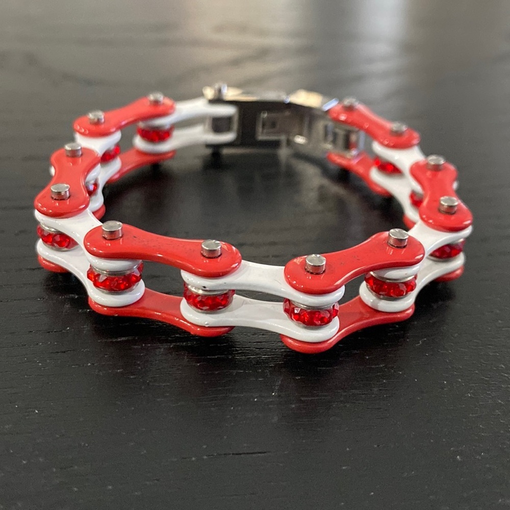 Red and White Stainless Steel Bike Chain Bracelet with Red Stones